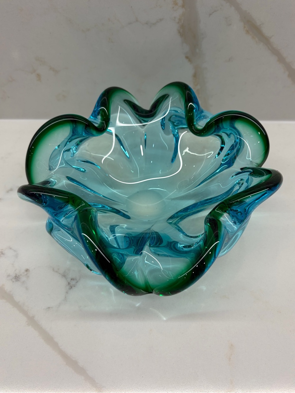 Vintage MCM Art Glass Green Teal Blue Console Dish Ashtray Rolled Ruffled Edge